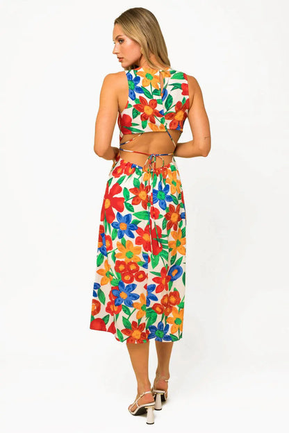 Tropical Floral Print Big Flowers Open Back Midi Dress