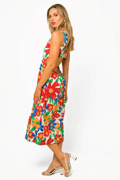 Tropical Floral Print Big Flowers Open Back Midi Dress